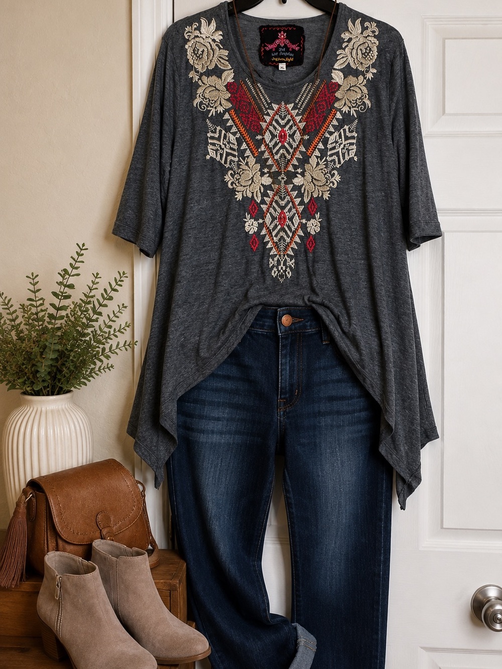 Johnny Was Charcoal Embroidered V-Neck Tunic with Red and Cream Details